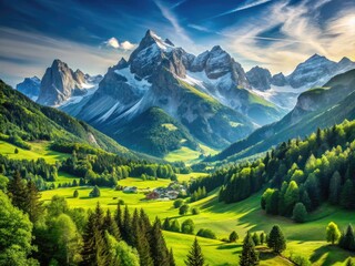 Serene Mountain Landscape with Majestic Peaks and Lush Green Valley Under Clear Blue Sky