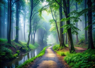 Obraz premium Serene Pathway Through a Mysterious Foggy Forest Inviting Tranquility and Reflection in Nature