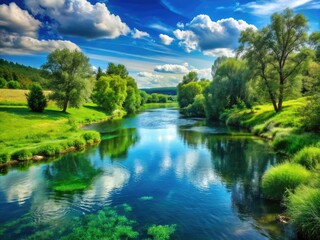Serene River Landscape with Lush Green Banks and Clear Blue Water Flowing Through Scenic Nature