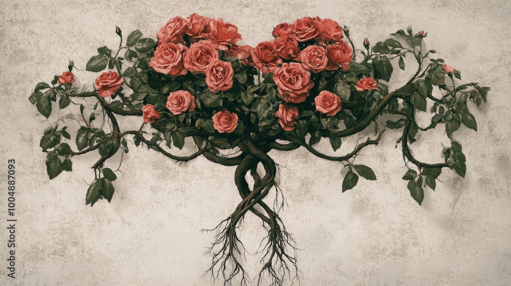 Poster A vibrant display of red roses is intertwined with lush green leaves and twisted roots against a textured backdrop. The arrangement creates a striking visual merging of flora and nature.