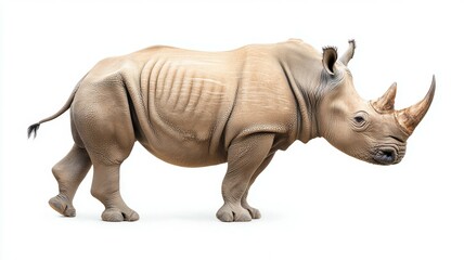 Fototapeta premium A rhino with a large horn is walking on a white background
