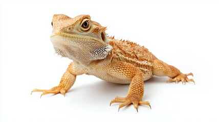 Obraz premium A small lizard with a yellow and brown color is standing on a white background