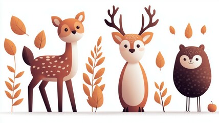 Naklejka premium A group of cartoon animals, including a deer, a bear, and a rabbit