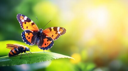 Obraz premium A butterfly is sitting on a leaf next to a bug