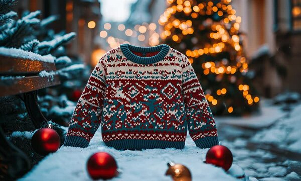 Mockup of a plain holiday sweater on a snow-covered bench, with festive lights, ornaments, and a decorated Christmas tree nearby. . Video
