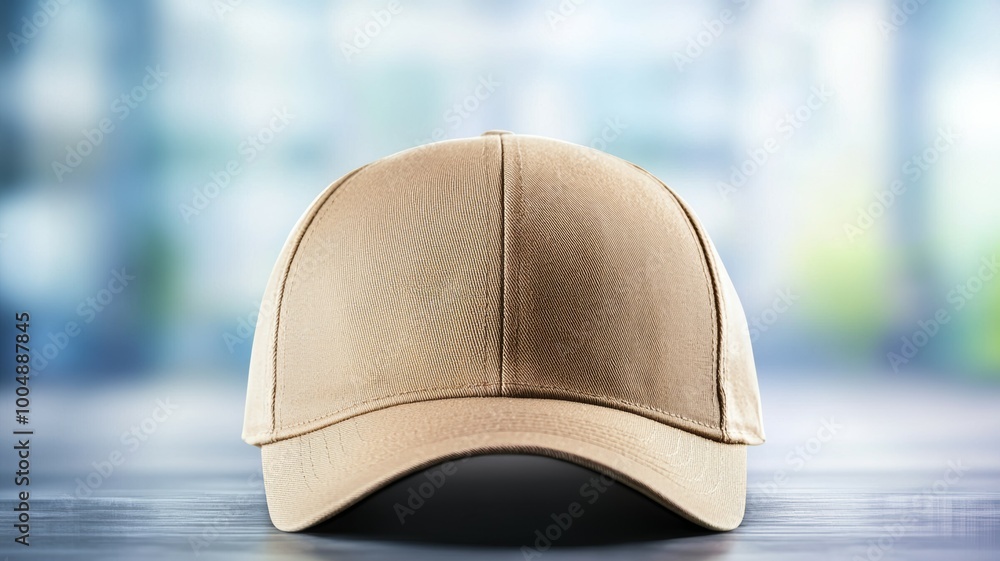 Poster A tan baseball cap is sitting on a wooden table