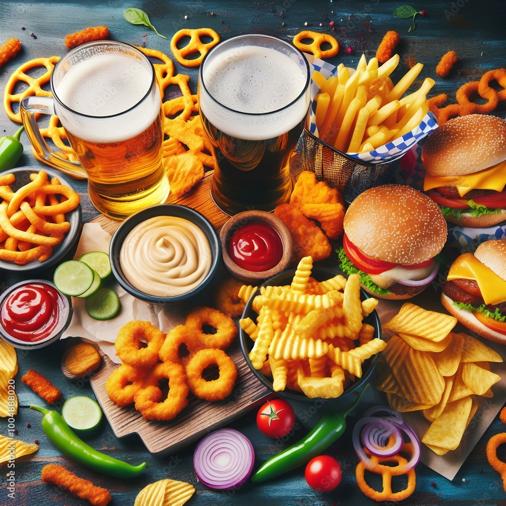 Wall mural a vibrant photo showcasing various beer snacks and fast food