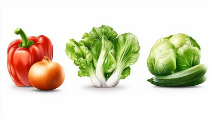 Three different vegetables are shown in a row, including a pepper, an onion