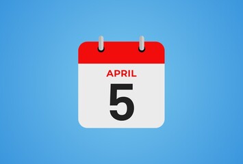 Icon calendar day.  5 April. 5th days of the month, illustration style. Date day of week Sunday, Monday, Tuesday, Wednesday, Thursday, Friday, Saturday. 