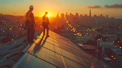 Electricians working together to mount solar panels on a rooftop, with the cityscape visible in the background and the sun shining brightly