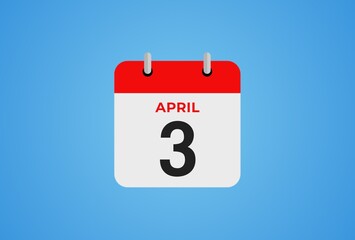 Icon calendar day. 3 April. 3th days of the month, illustration style. Date day of week Sunday, Monday, Tuesday, Wednesday, Thursday, Friday, Saturday. 