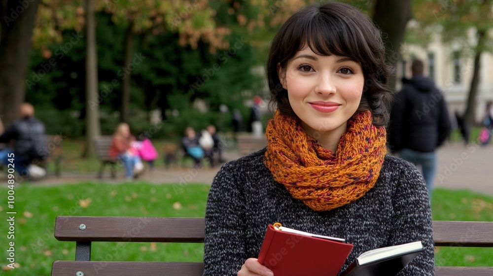 Poster A woman sitting on a bench with books in her hands, AI