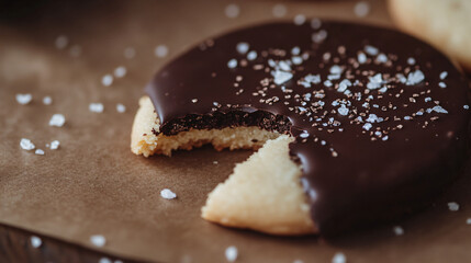 A buttery shortbread cookie dipped in rich dark chocolate, sprinkled with sea salt.