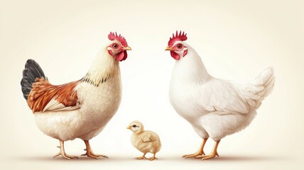 Fototapeta premium Three chickens of different sizes standing next to each other