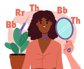 Study of pronunciation. Woman at speech therapists appointment learns to speak letters of English alphabet. Education and training. Flat vector illustration isolated on white background