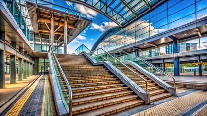Stairs Leading Up from a Train Station with Modern Design and Architectural Features in View