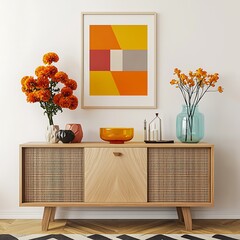 Fresh blooms in bright orange and yellow sit atop a wooden sideboard, framed by geometric decor and a retro glass dish, creating a cheerful modern space. Mock up. 