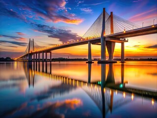 Stunning Baytown Bridge at Sunset with Illuminated Structure and Reflections on Calm Water Surface