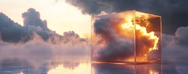 Cloud in a glass cube at sunrise, surreal landscape. Art and nature concept