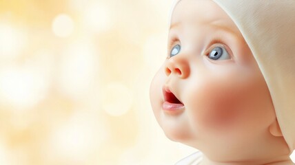 A baby with a white hat and blue eyes is looking up at the camera