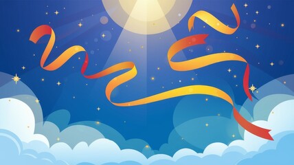 Festive background banner with a beautiful blue sky filled with small clouds and celebration ribbon flying in the air and stunning light