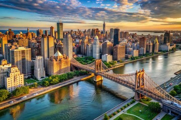 Fototapeta premium Stunning Manhattan Skyline with Queensboro Bridge and Roosevelt Island Pathway Over East River View