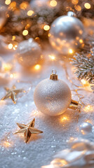 Xmas vibes - christmas tree decorations on white background: ornaments, ribbons, stars, glitter, lights. Vertical banner for instagram story, reel or tiktok