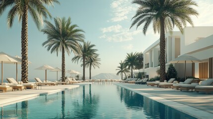 Fototapeta premium A beautiful swimming pool at a tropical resort with palm trees.