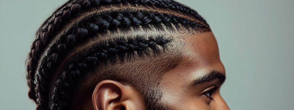 Close-up of a man's head with braided Afro pigtails, beautifully braided into even lines, side view of head from above without face, with studio light. Concept of men's afro hairstyle.