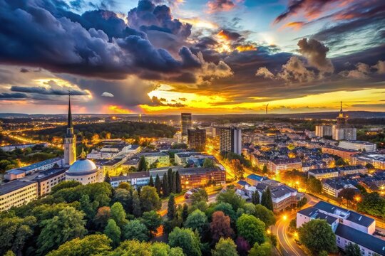 Stunning Skyline of Bochum at Dusk with Vibrant City Lights and Dramatic Cloudy Sky Above