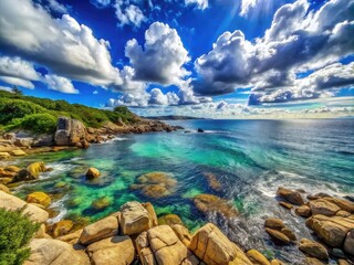 Fototapeta premium Stunning Stony Rocky Coastal Scene with Clear Blue Waters and Dramatic Sky Overlooking the Shoreline