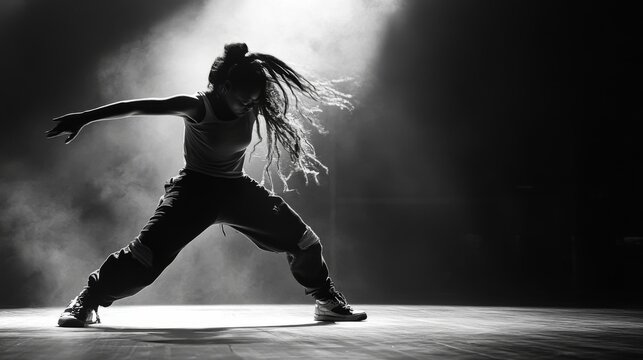 A female dancer with dreadlocks performs a hip hop dance move in a spotlight. - Powered by Adobe