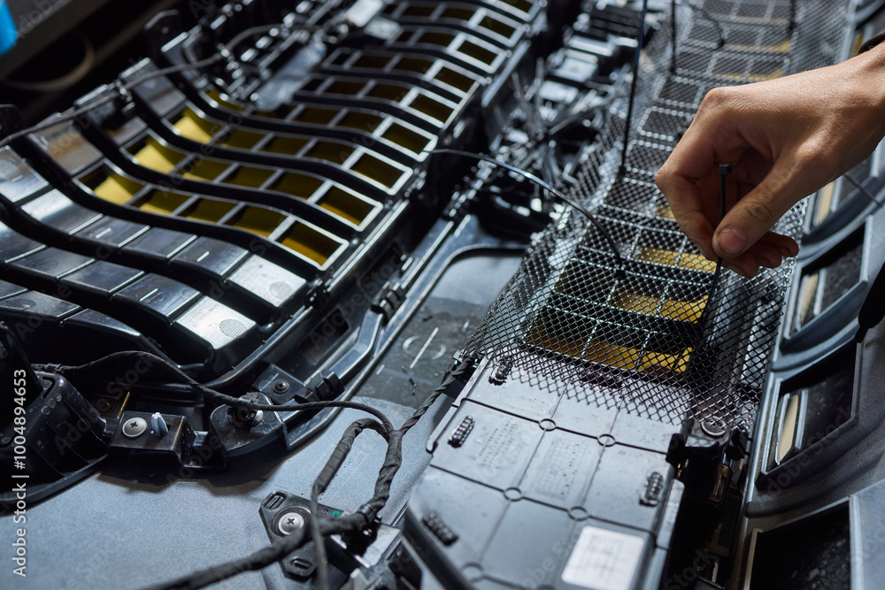 Poster hands skillfully engaged in the complex and detailed process of mechanical assembly work