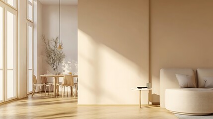  Beige home living room interior with rest and dining zone, window. Mockup wall 
