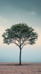 Fototapeta premium A single tree stands tall in a misty field, its branches reaching towards the soft, pale sky. The scene evokes a sense of peace and solitude.