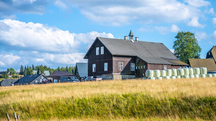 Golden fields surround the rustic homes of Jizerka village, nestled in the scenic Jizera Mountains. A perfect day showcases the peaceful blend of nature and traditional architecture against a bright