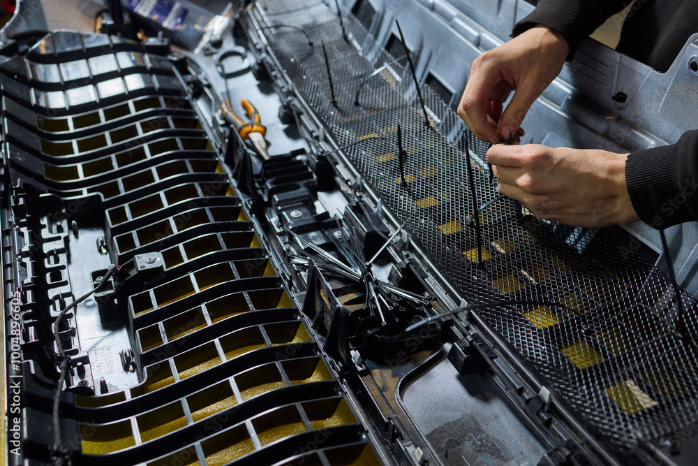Poster hands skillfully engaged in the complex and detailed process of mechanical assembly work