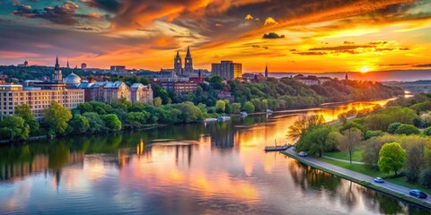 Fototapeta premium Sunset over Georgetown Park and Potomac River with waterfront buildings glowing in evening light