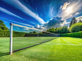 Fototapeta premium Tennis Net Surrounded by Lush Green Grass Under a Bright Blue Sky on a Sunny Day Outdoors