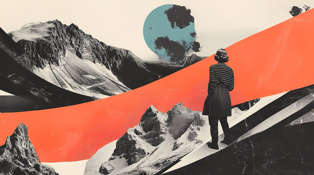 A surreal collage of vintage photographs layered with vibrant abstract shapes blending old blackandwhite imagery with bright modern colors for a dreamlike contrast. Surreal Collage. Illustration
