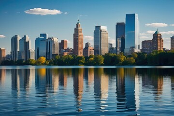 Fototapeta premium Lake Reflections with Cityscape: Embracing Sustainability and Innovation