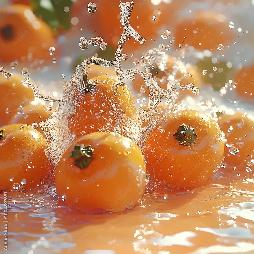 Poster a close-up of ripe oranges submerged in water, creating a splash of droplets. the vibrant colors and