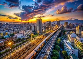 Obraz premium Timelapse of Osaka Cityscape Panorama with Railway View in a Wide Shot Zoom Effect at Dusk