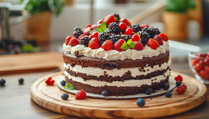 chocolate-cake-cream-berries-wooden-table