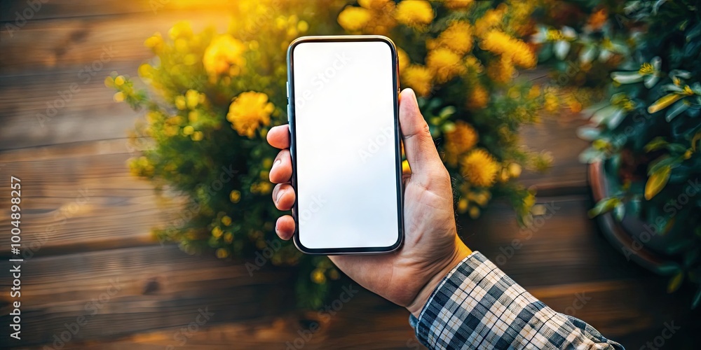 Poster top view mockup of hand holding smartphone with blank screen for creative design and presentation us