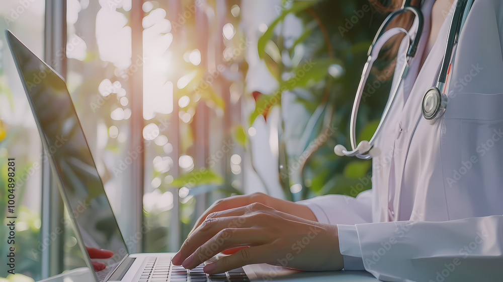 Poster a doctor typing on a laptop computer on a desk with a red folder and a red folder on the desk,4k
