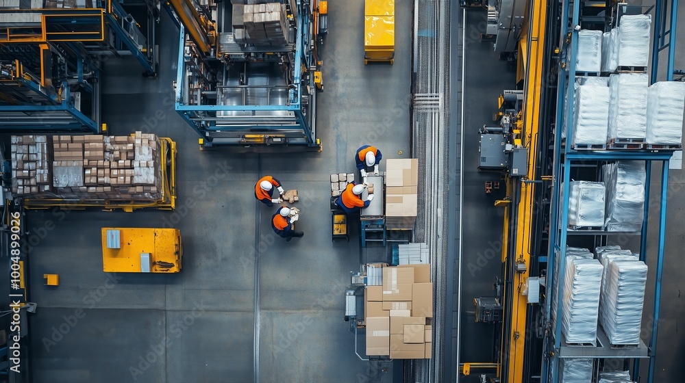 Poster workers coordinating package handling in a busy warehouse during the day, showcasing efficient logis