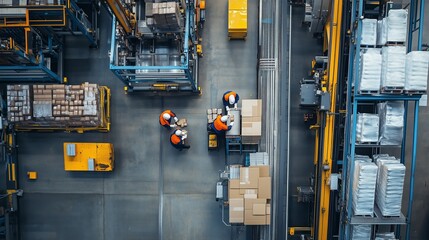 Workers coordinating package handling in a busy warehouse during the day, showcasing efficient logistics operations and organization