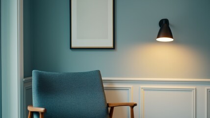 A chair is sitting in front of a white wall with a picture frame on it