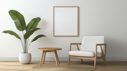 A white chair sits in front of a white wall with a large picture frame